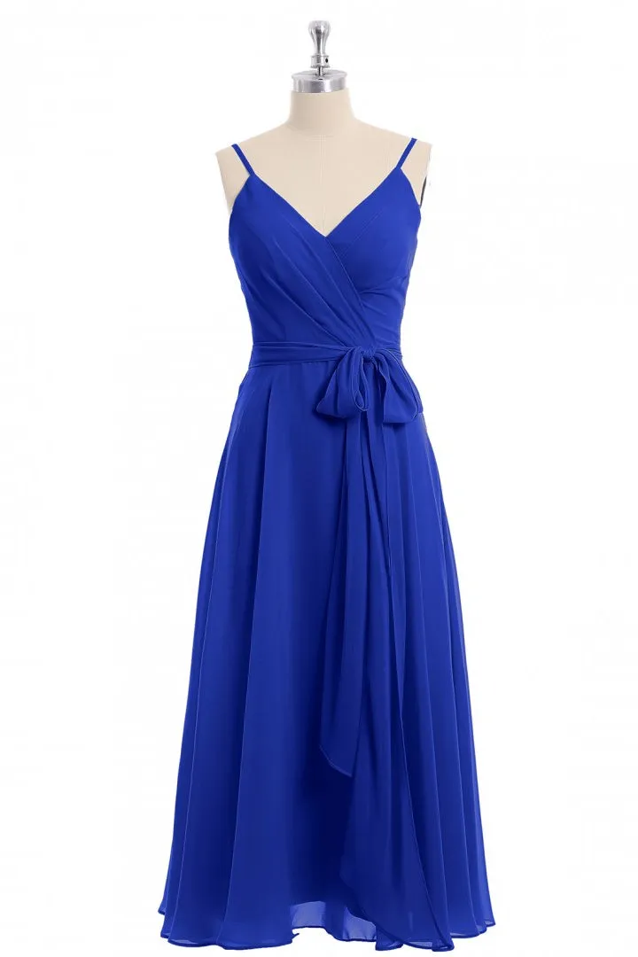 Royal Blue V-Neck Spaghetti Straps Tea-Length Bridesmaid Dress