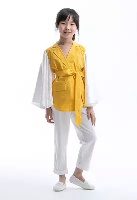 Ruffled Sleeves Collared Open Blouse with Belt