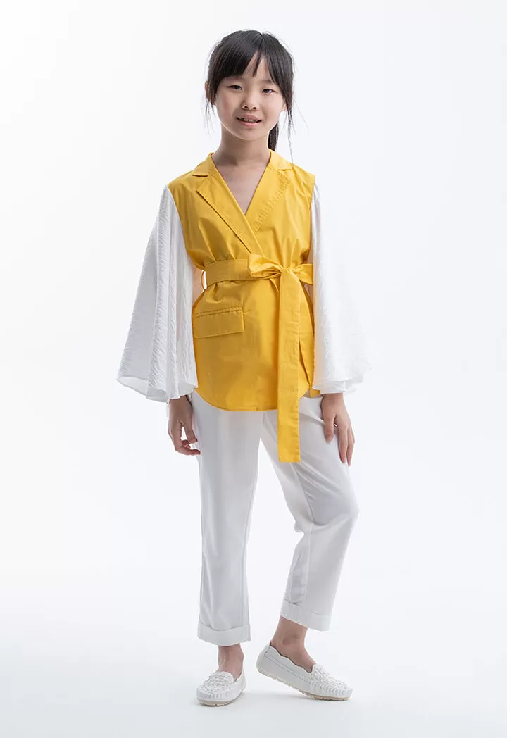 Ruffled Sleeves Collared Open Blouse with Belt