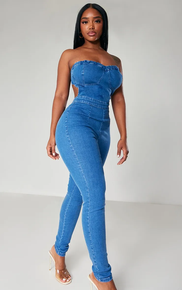 Shape Mid Blue Wash Cup Tie Back Denim Jumpsuit