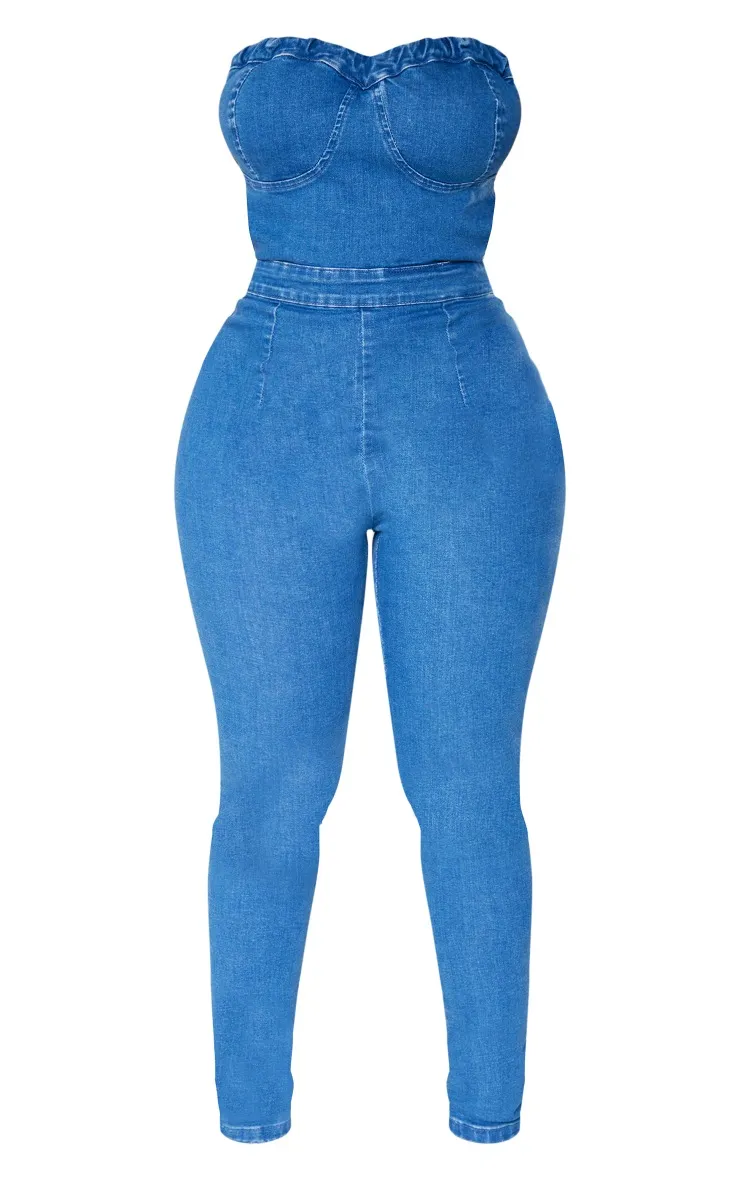 Shape Mid Blue Wash Cup Tie Back Denim Jumpsuit