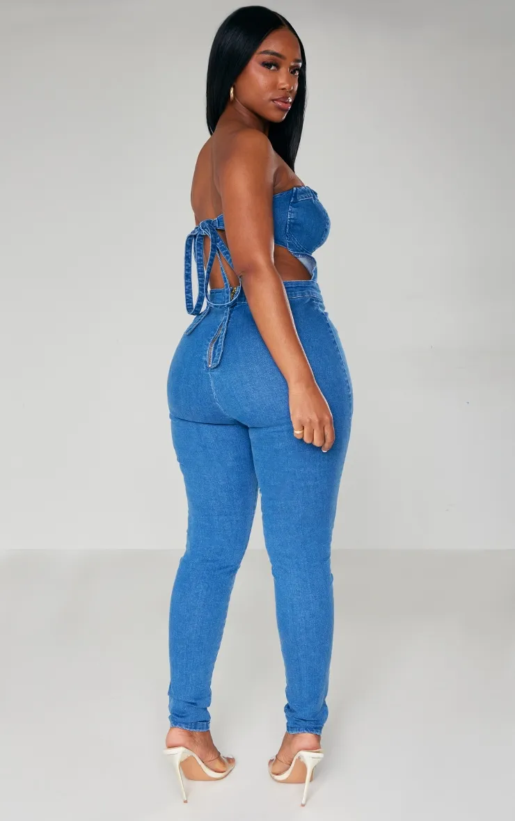 Shape Mid Blue Wash Cup Tie Back Denim Jumpsuit