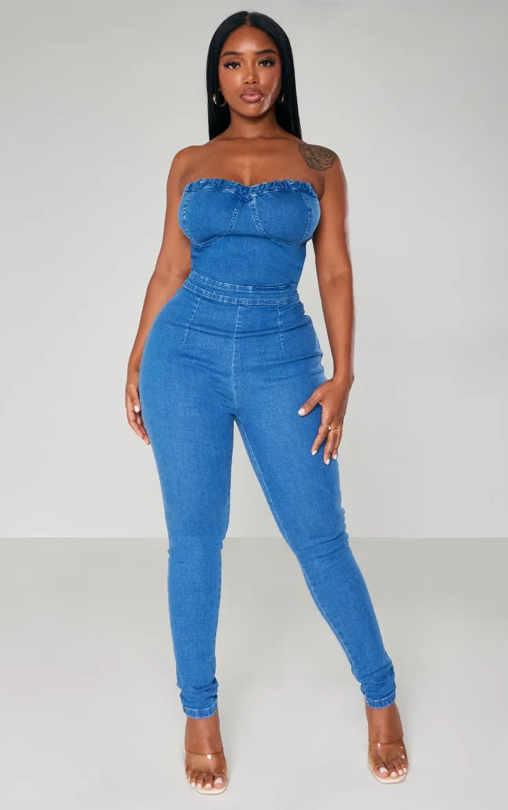 Shape Mid Blue Wash Cup Tie Back Denim Jumpsuit