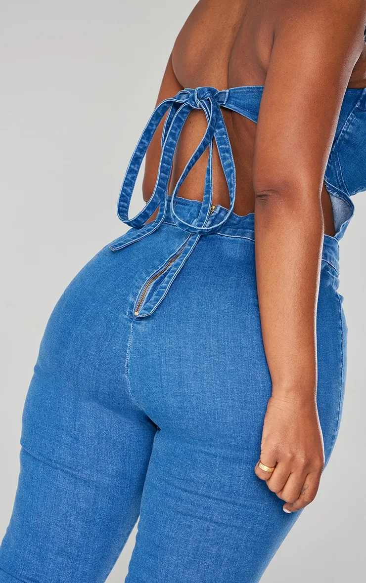 Shape Mid Blue Wash Cup Tie Back Denim Jumpsuit