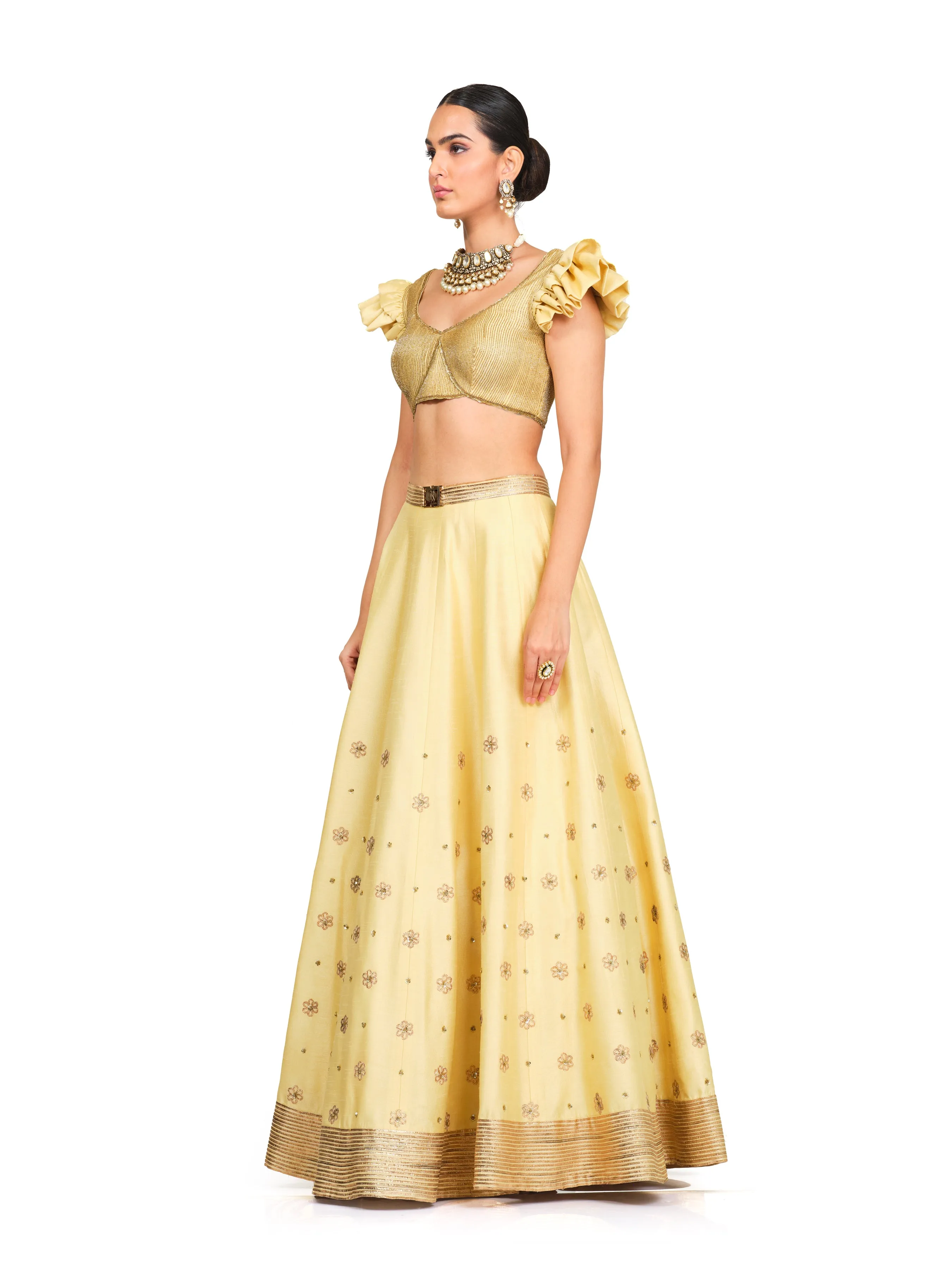 Silk Lehenga with Ruffled Sleeves Blouse