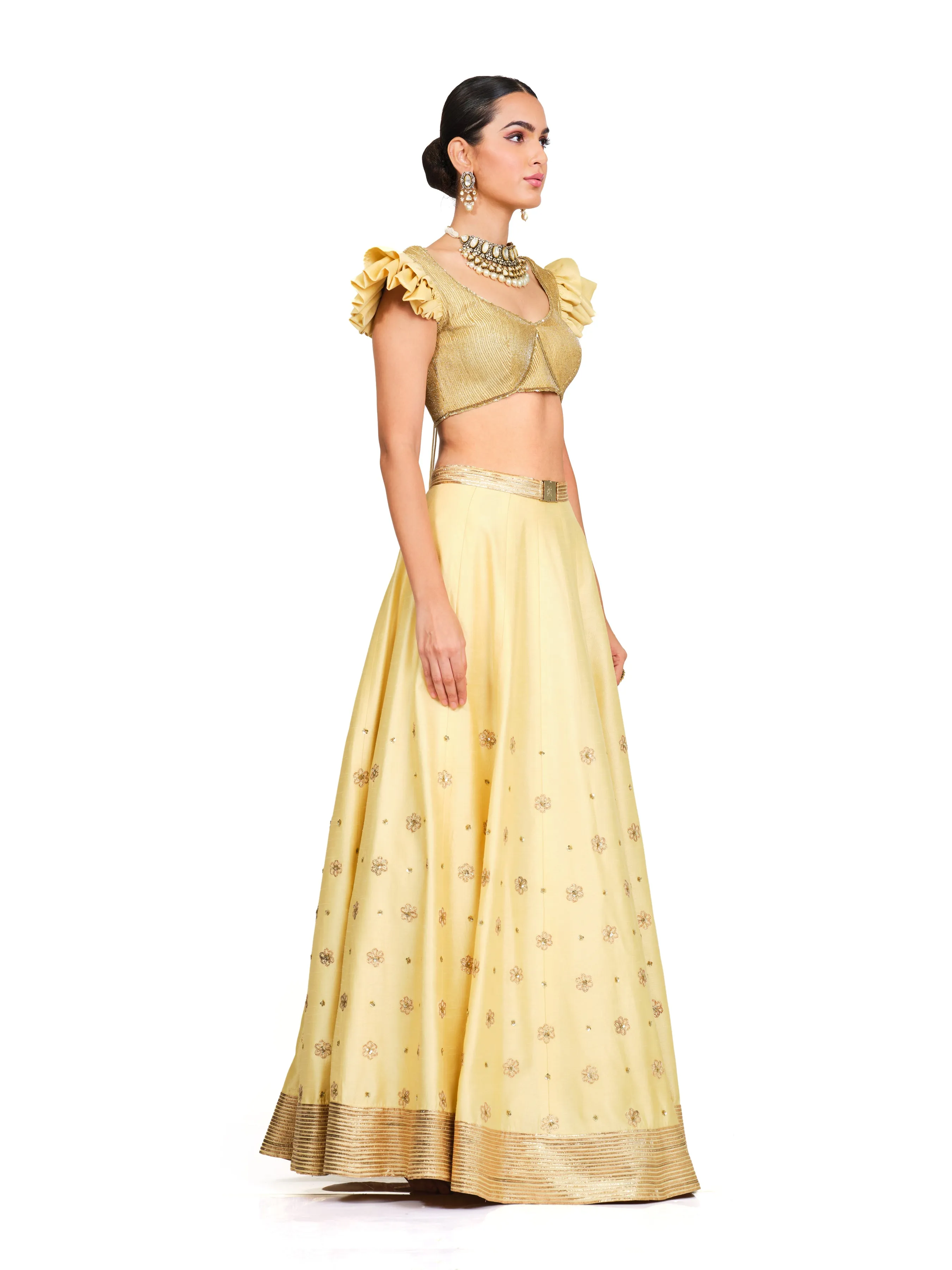 Silk Lehenga with Ruffled Sleeves Blouse