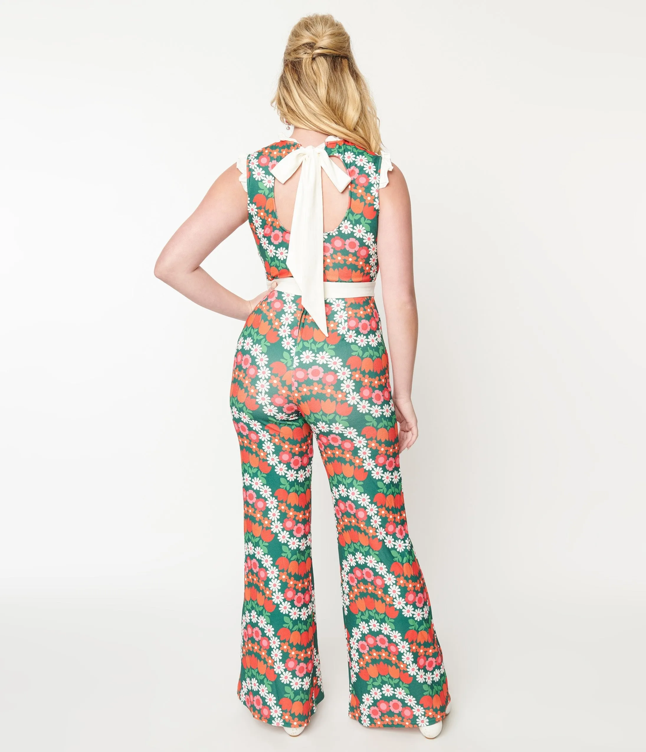 Smak Parlour Green & Red Daisy Chain Back Bow Jumpsuit