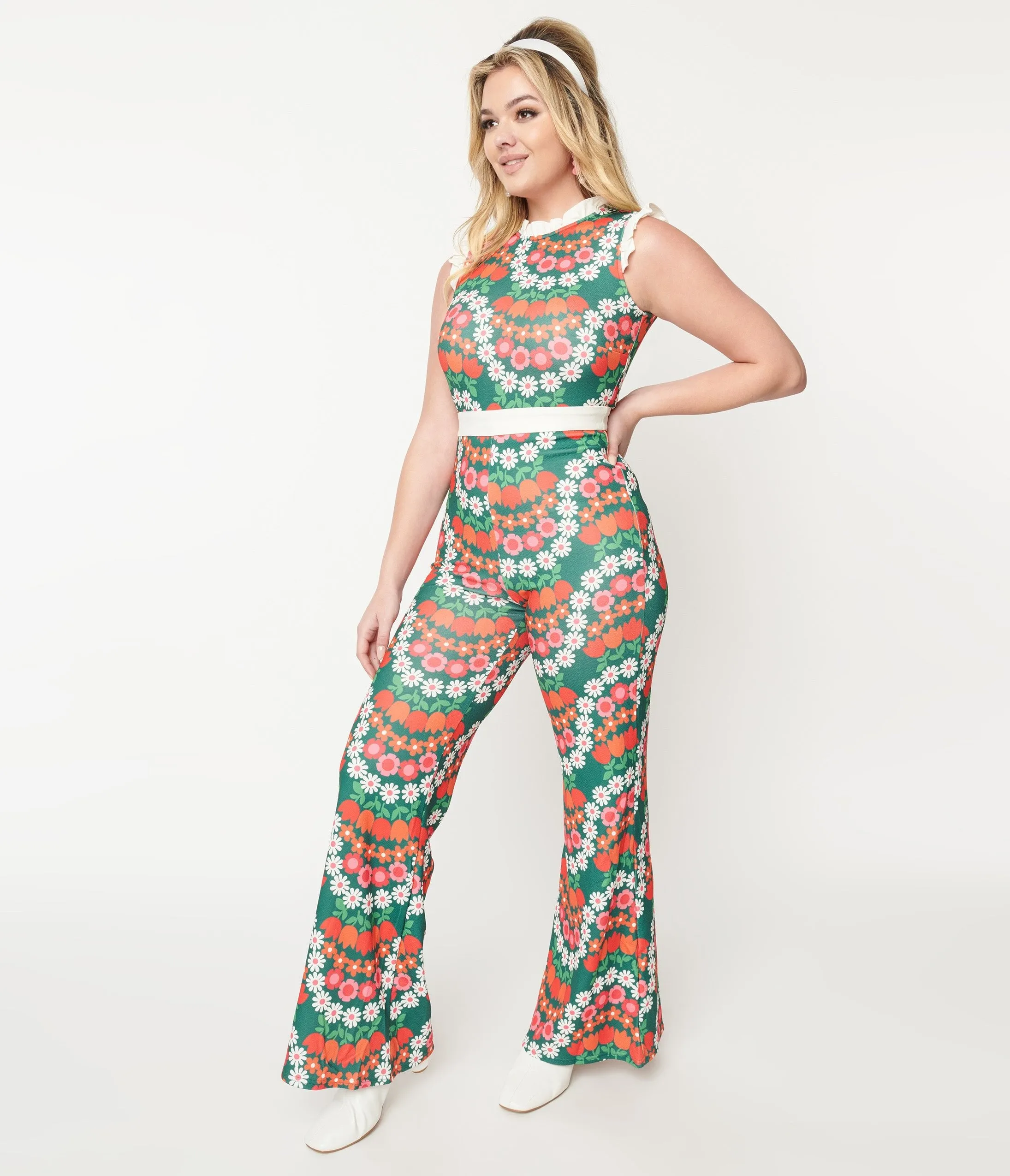 Smak Parlour Green & Red Daisy Chain Back Bow Jumpsuit