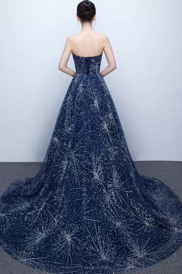 Sparkle Navy Blue A Line Court Train Curve Sleeveless Starry Night Long Prom Dresses