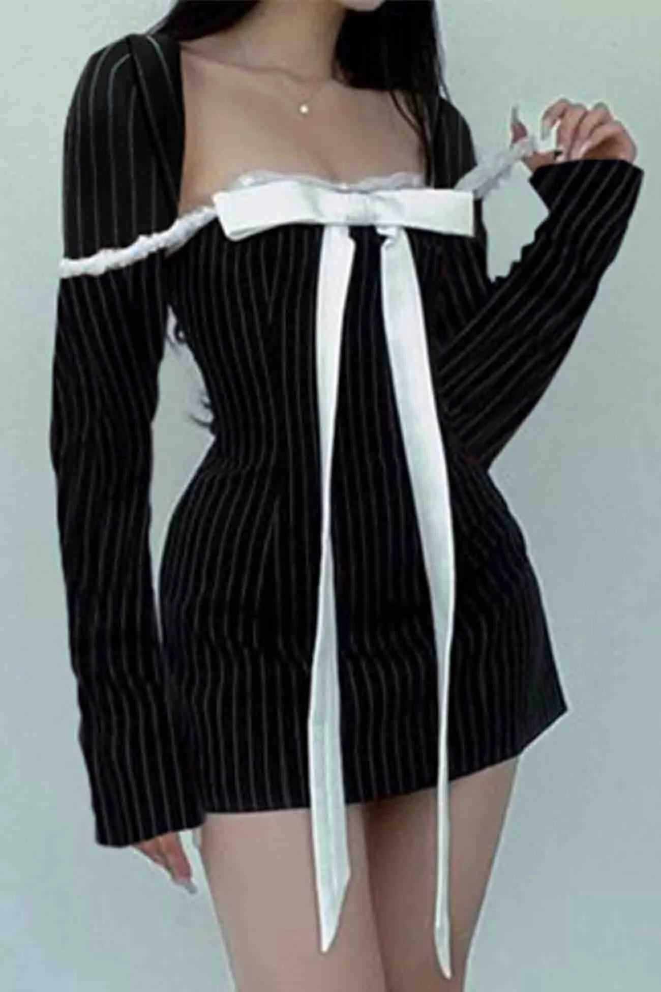 Square Neck Bow Tie Striped Long Sleeve Mini Dress