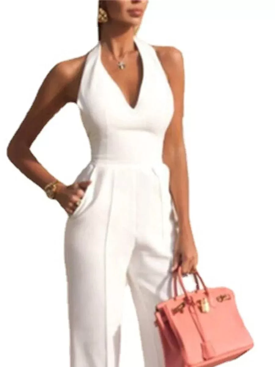 Stylish White Sleeveless Halter Neck Jumpsuit with Backless Design and Pockets for Women - Ideal for Summer and Fall