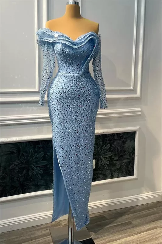 Sweetheart Long Sleeves Mermaid Prom Dress - Blue with Split Beads