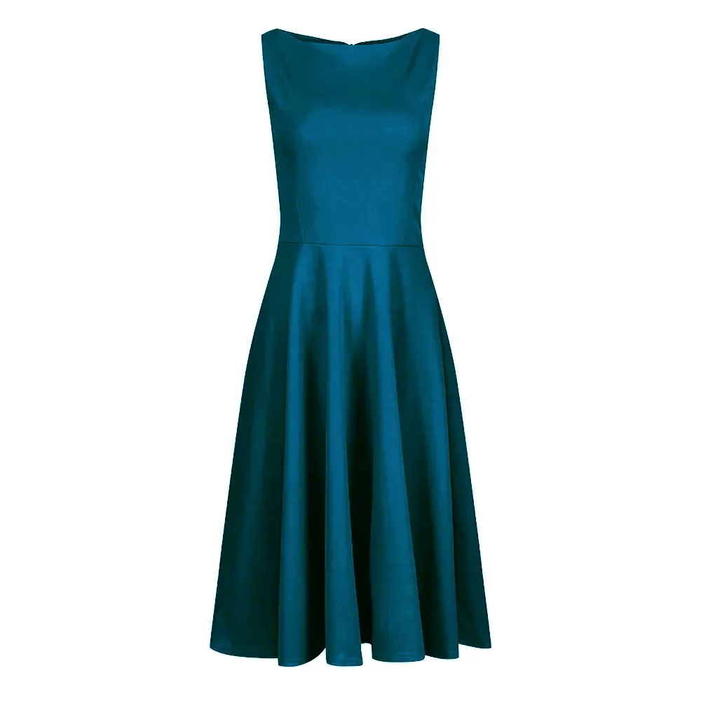 Teal Audrey Hepburn Style Sleeveless 50s Swing Dress With High Boat Neckline