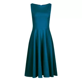 Teal Audrey Hepburn Style Sleeveless 50s Swing Dress With High Boat Neckline