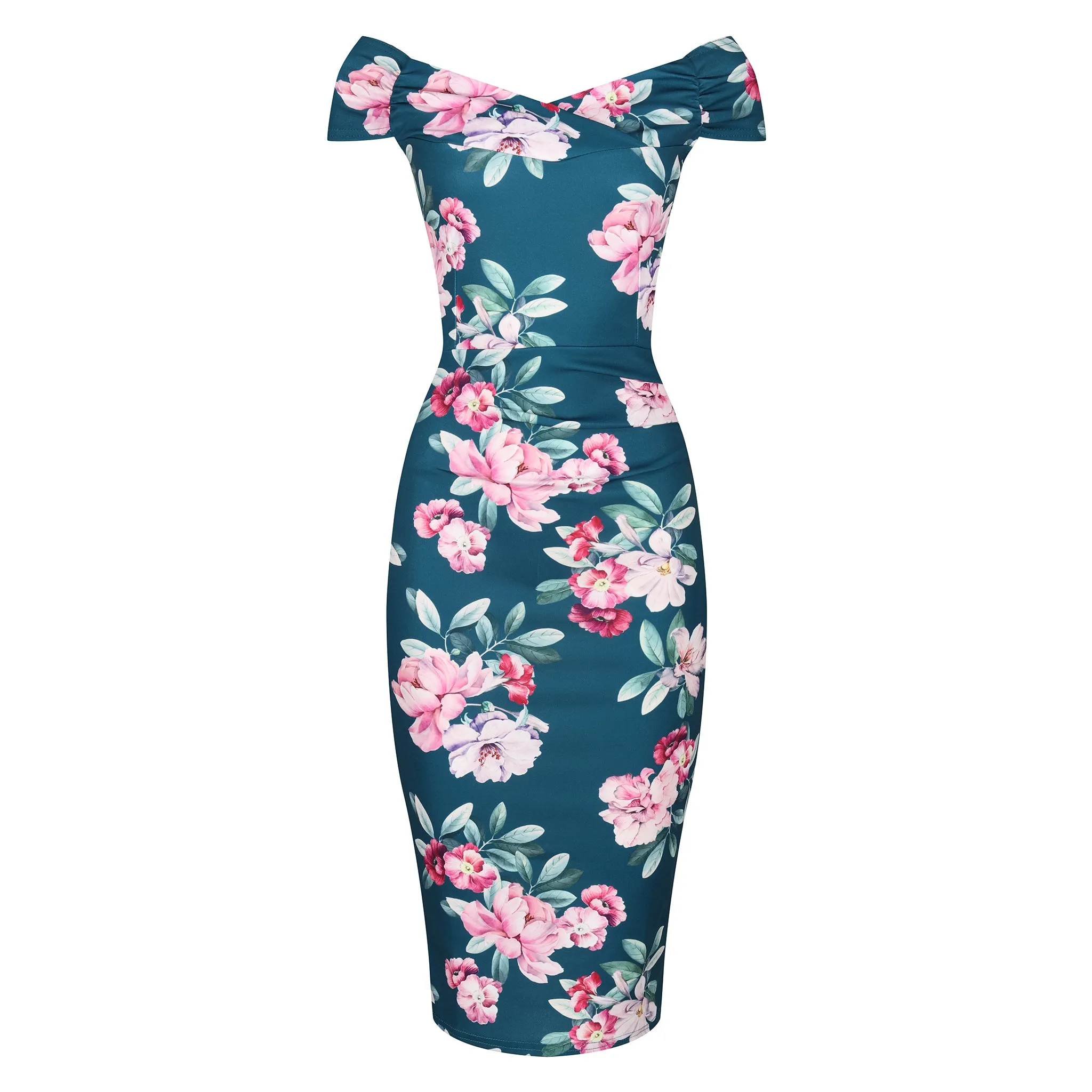 Teal Green & Pink Floral Print Cap Sleeve Bardot Neckline Wiggle Dress