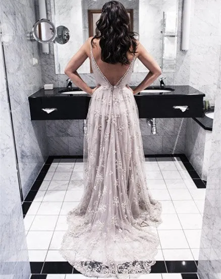 Unique Lace Prom Dress Long Formal Dress Low Back Prom Dress