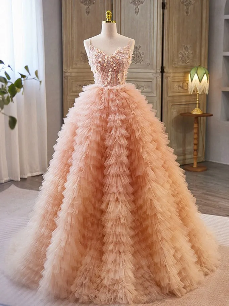 Unique V Neck Tulle Sequin Orange Pink Long Prom Dress, Orange Pink Sweet 16 Dress