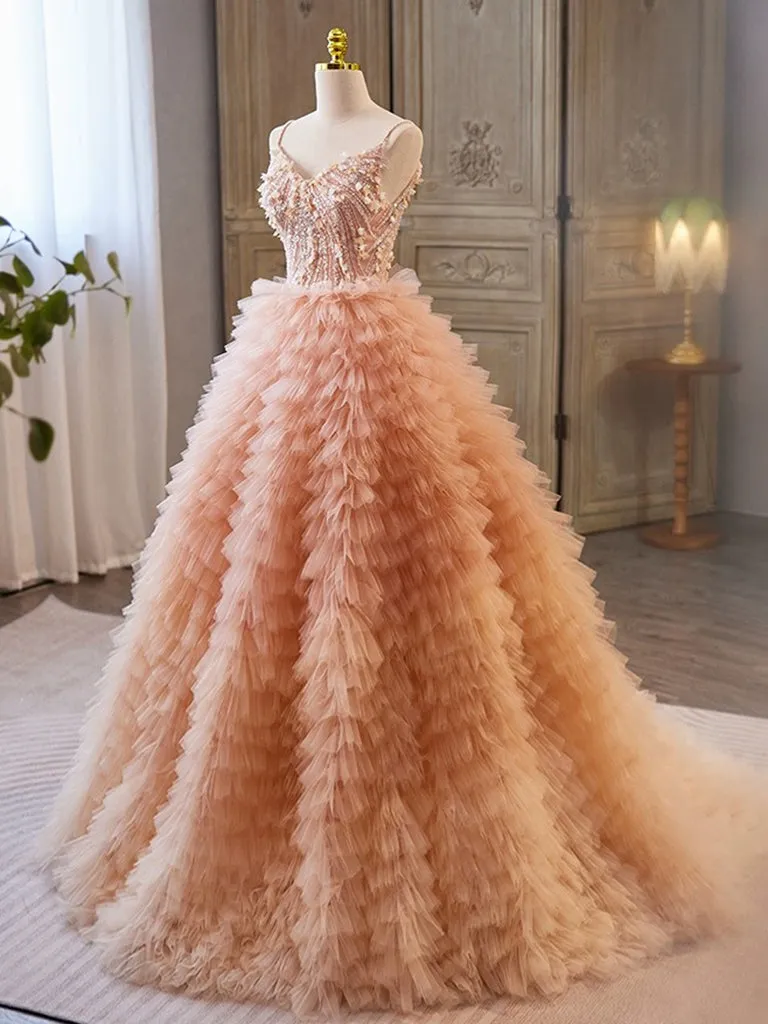 Unique V Neck Tulle Sequin Orange Pink Long Prom Dress, Orange Pink Sweet 16 Dress