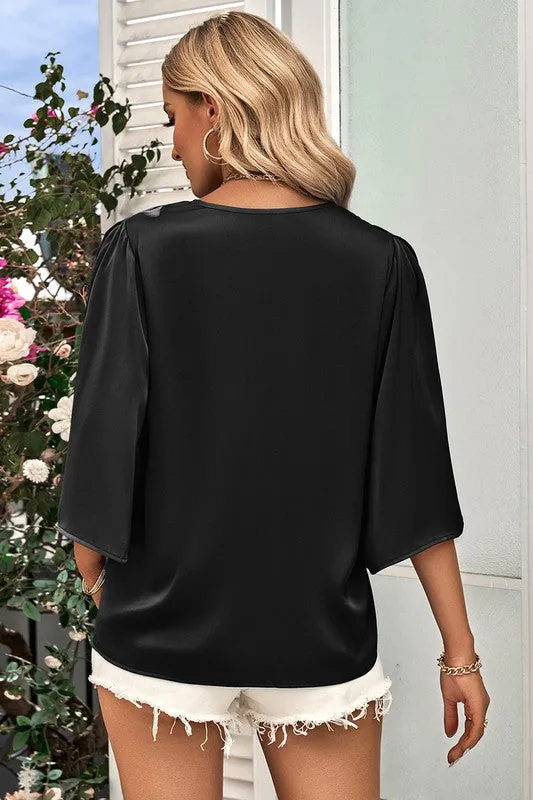 V Neck Chiffon High Low Hem Blouse