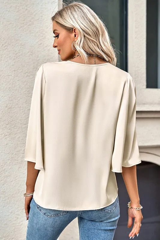 V Neck Chiffon High Low Hem Blouse