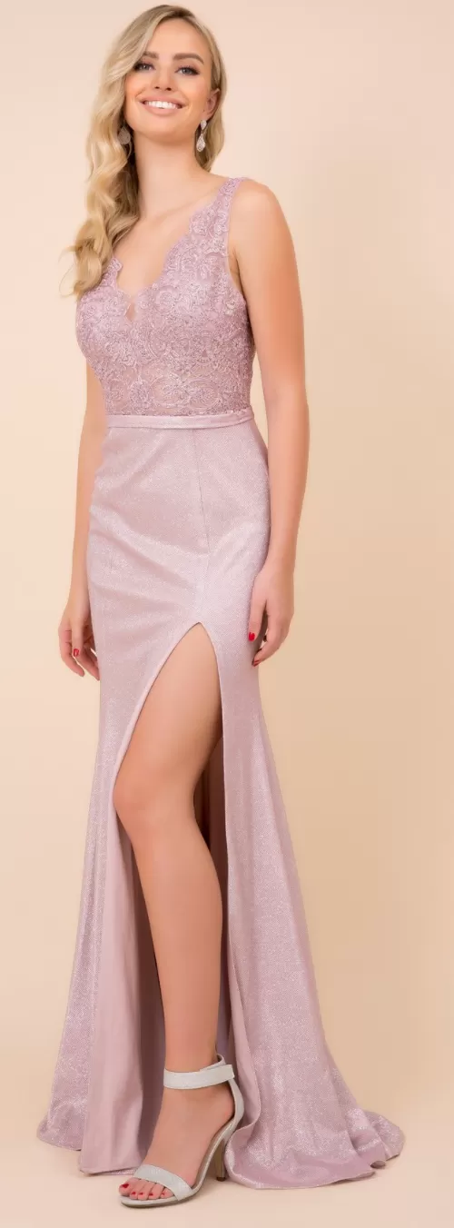 V neck Split Skirt Long Prom Dress with Lace Top