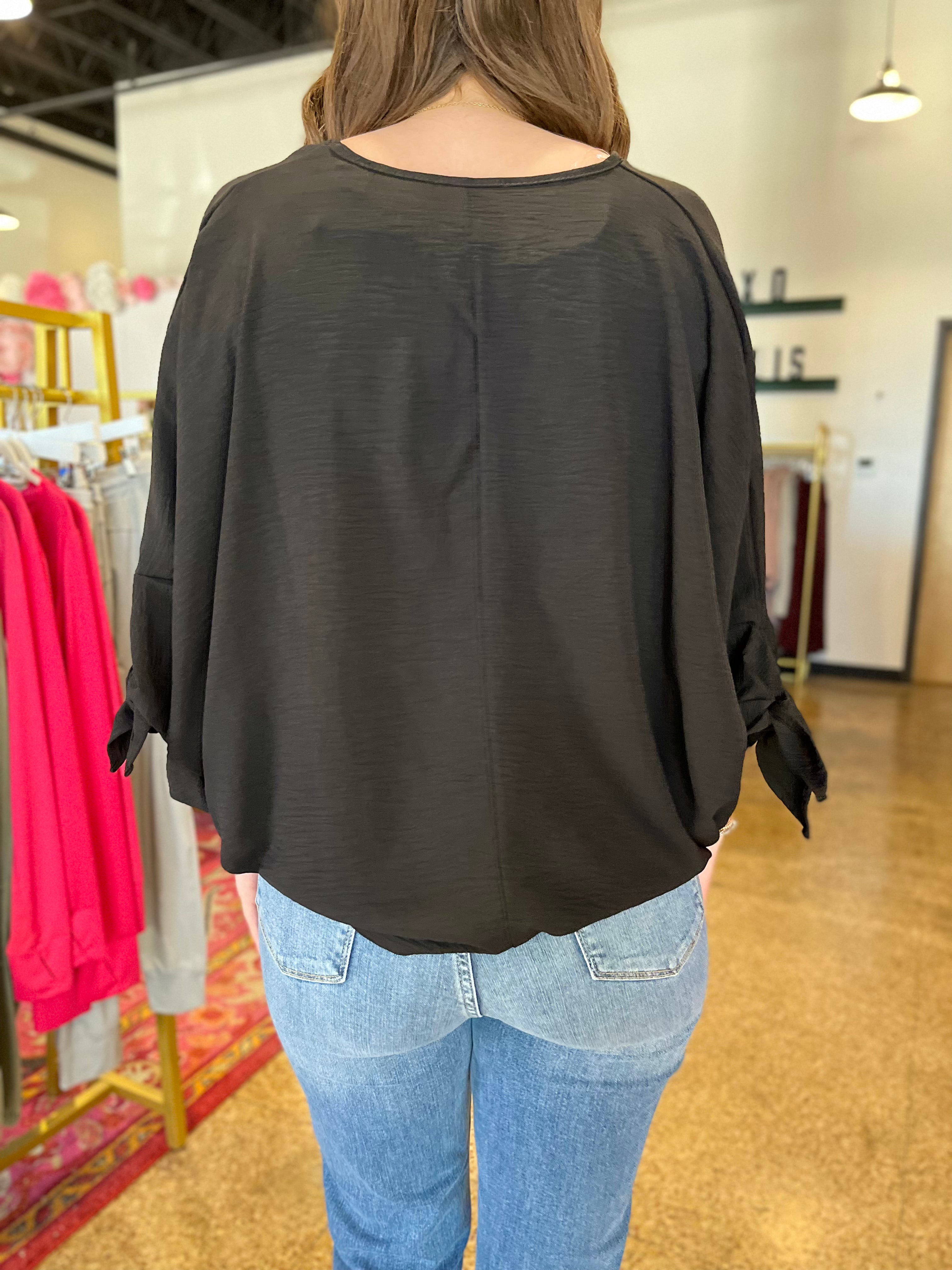 V-Neck Tie Sleeve Top - Black