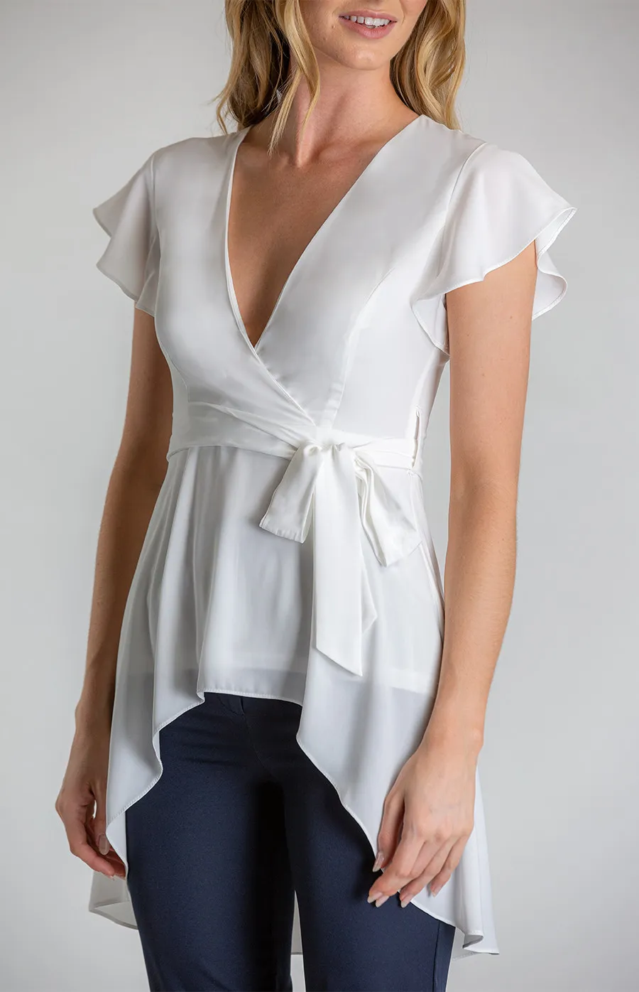 V-Neckline Blouse with High Low Hem (ATO860B) 