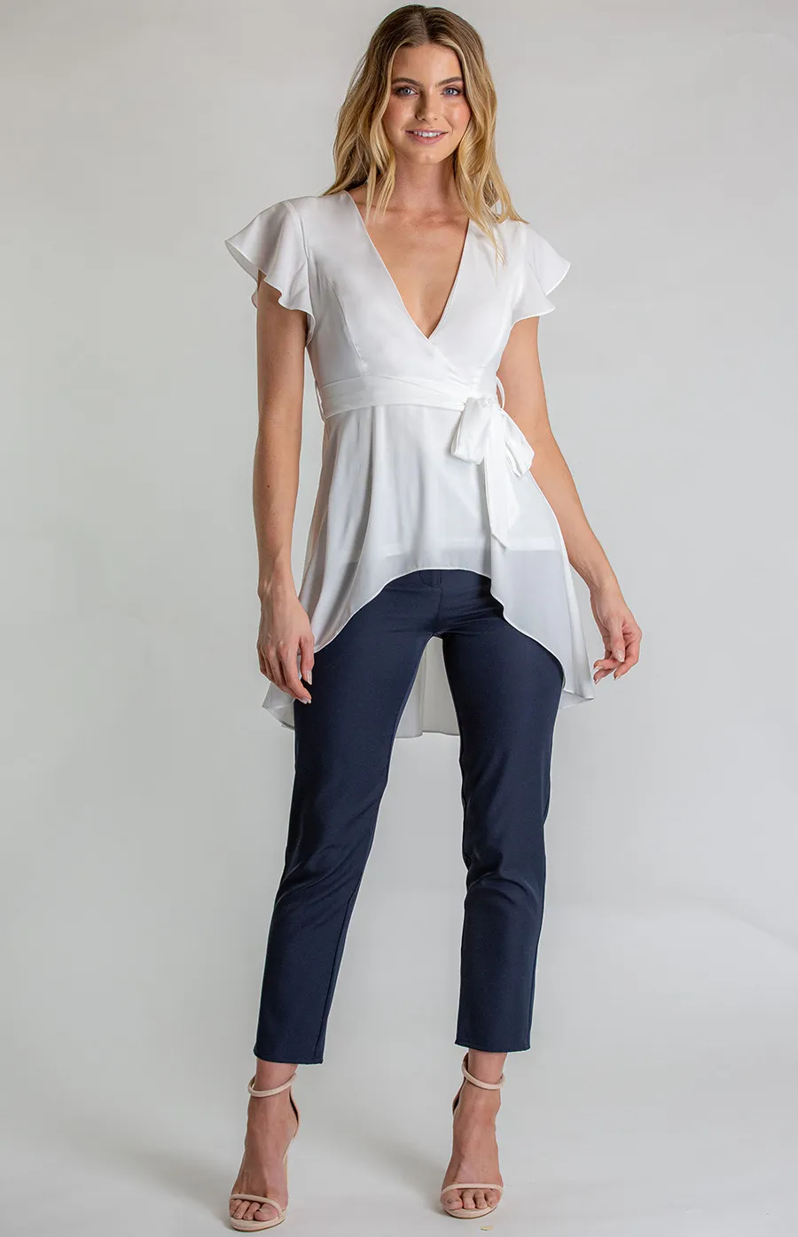 V-Neckline Blouse with High Low Hem (ATO860B) 