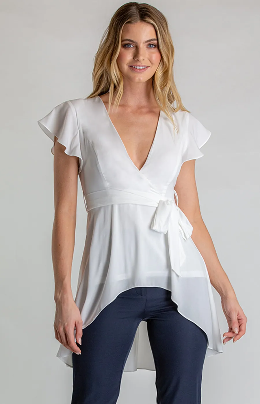 V-Neckline Blouse with High Low Hem (ATO860B) 