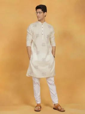 Vastramay Men's Cream And White Cotton Cool Kurta Pyjama Set