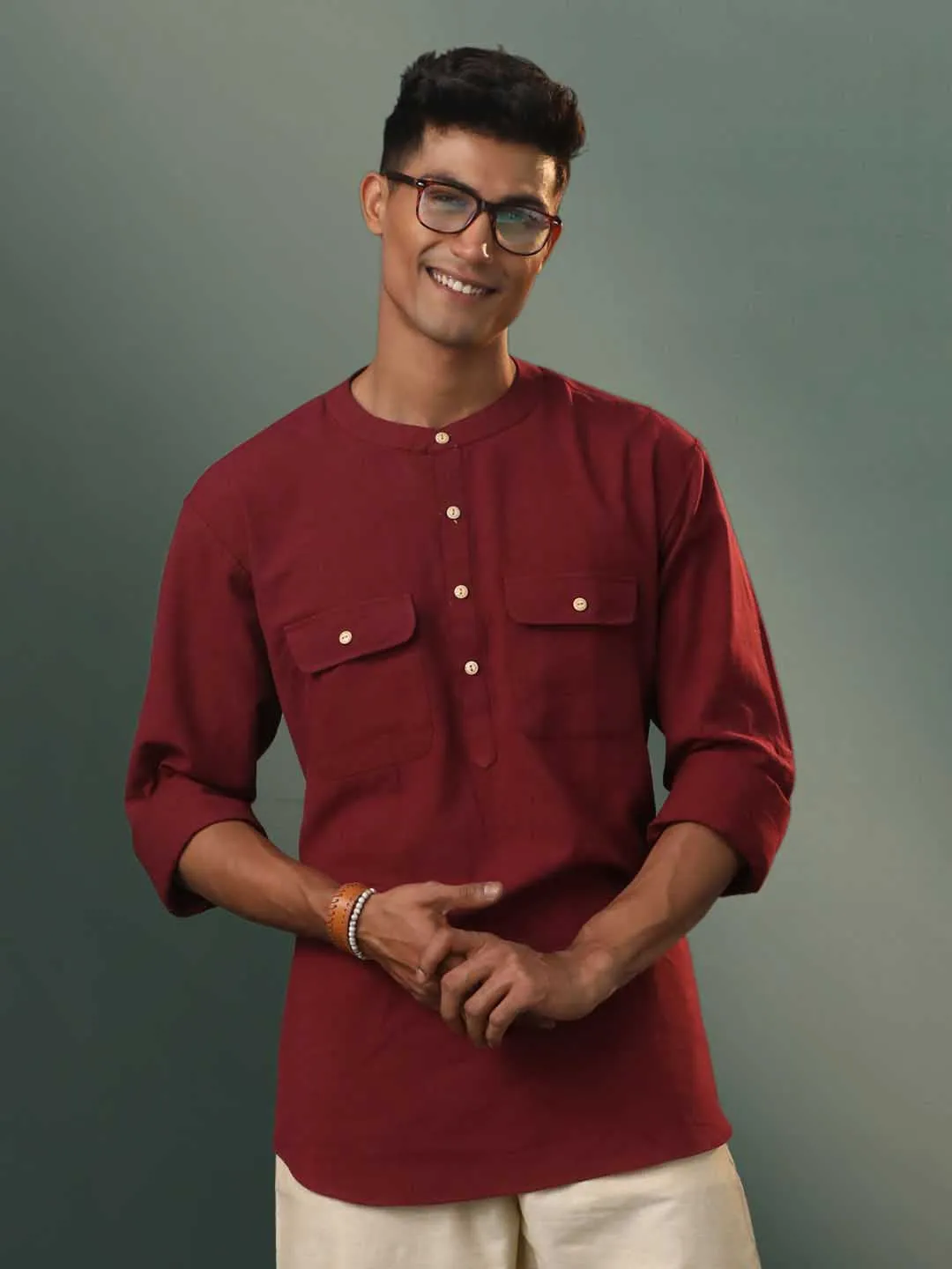 VASTRAMAY Men's Maroon Cotton Cool Short Kurta