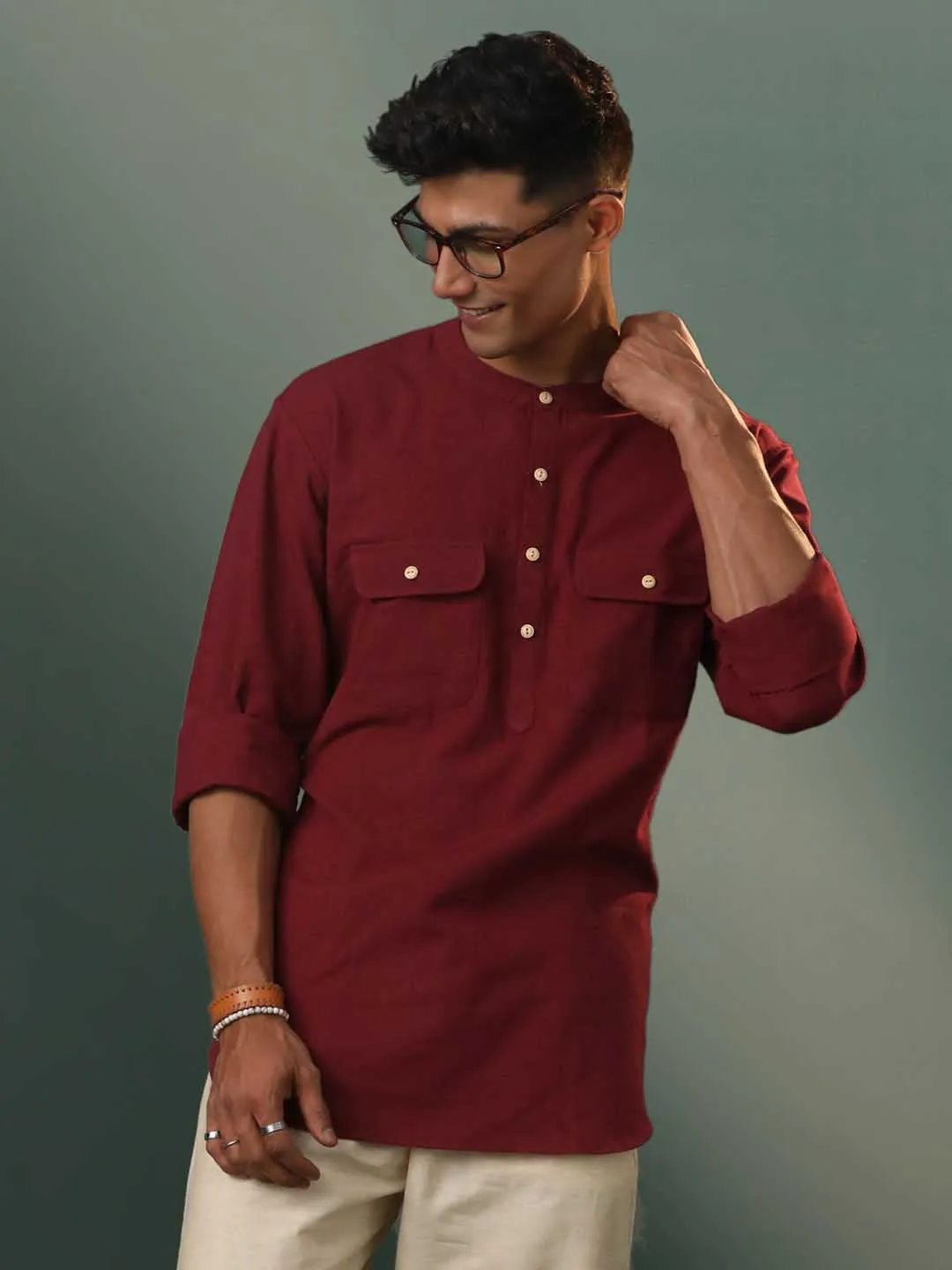 VASTRAMAY Men's Maroon Cotton Cool Short Kurta