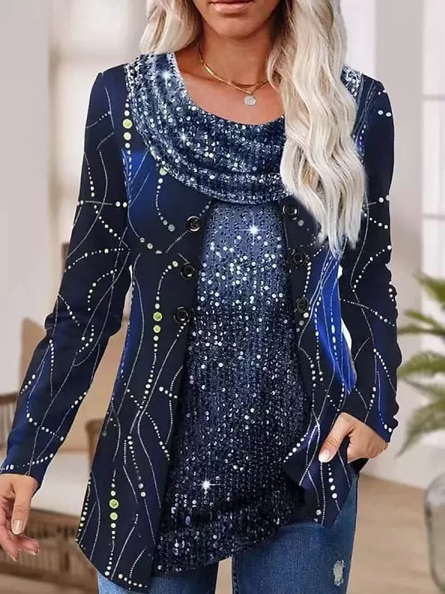 Velvet Graphic Sparkly Women's Blouse with Sequins