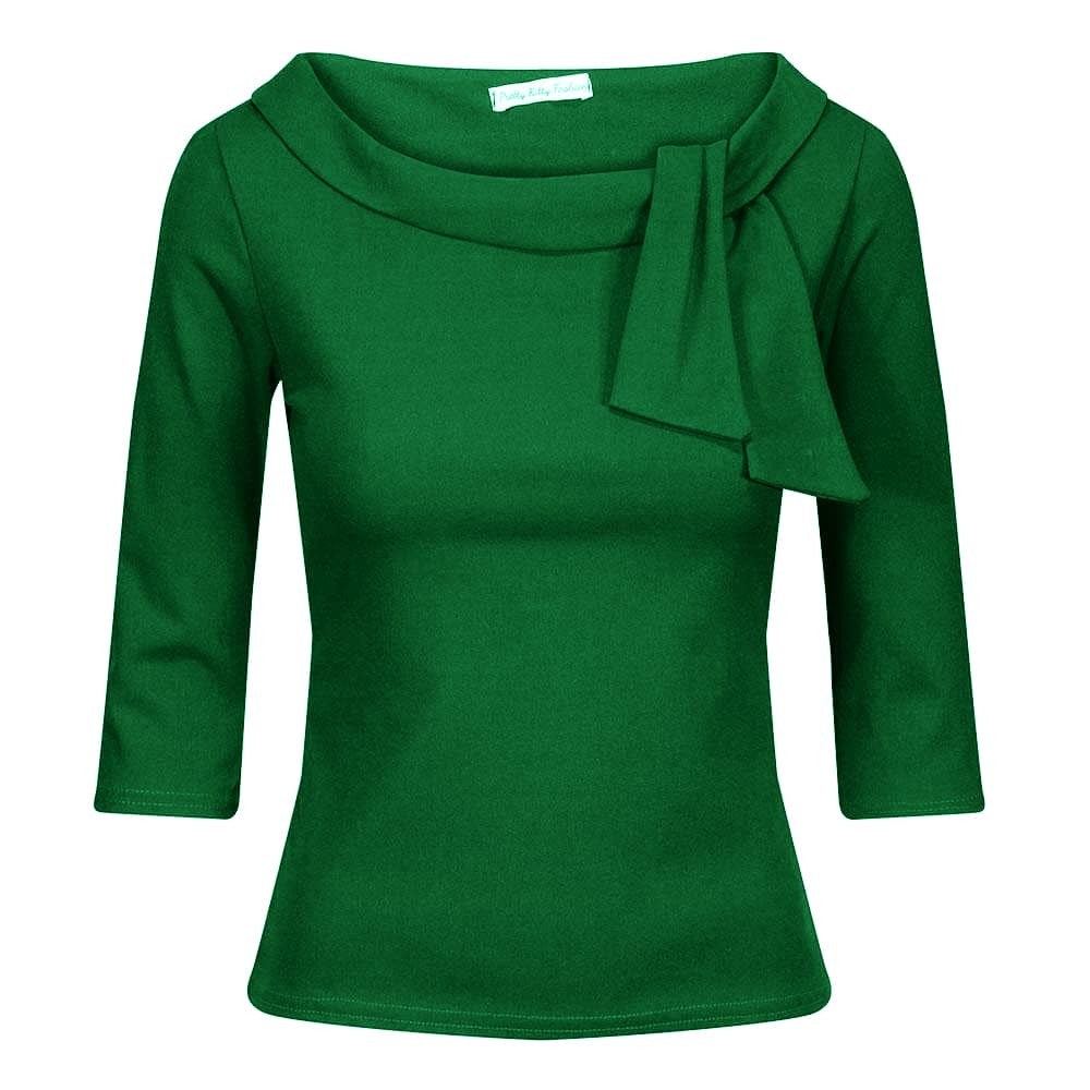 Vintage Emerald Green 3/4 Sleeve Tie Neck Top