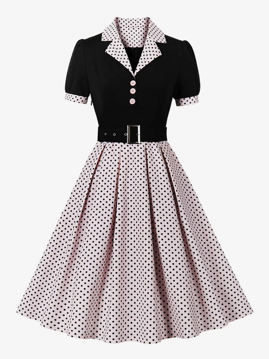 Vintage Glamour Dress Pink Polka Dot 1950s Audrey Hepburn Style Sash Short Sleeves V-Neck Knee Length Swing Dress