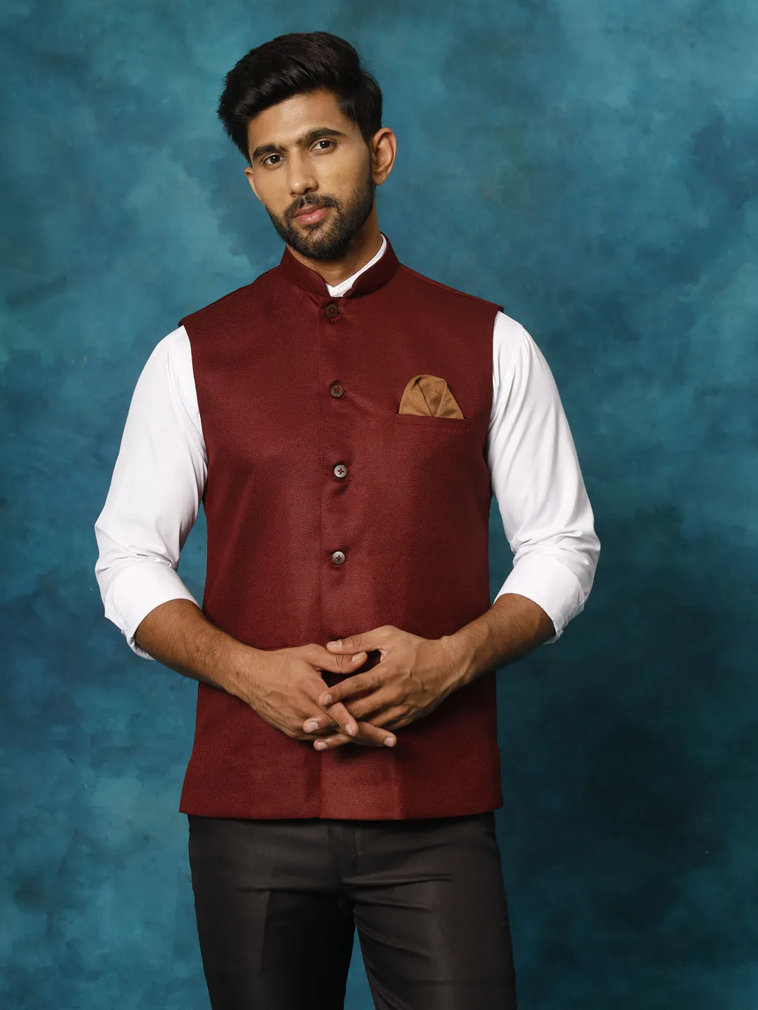 VM BY VASTRAMAY Men's Maroon Woven Nehru Jacket