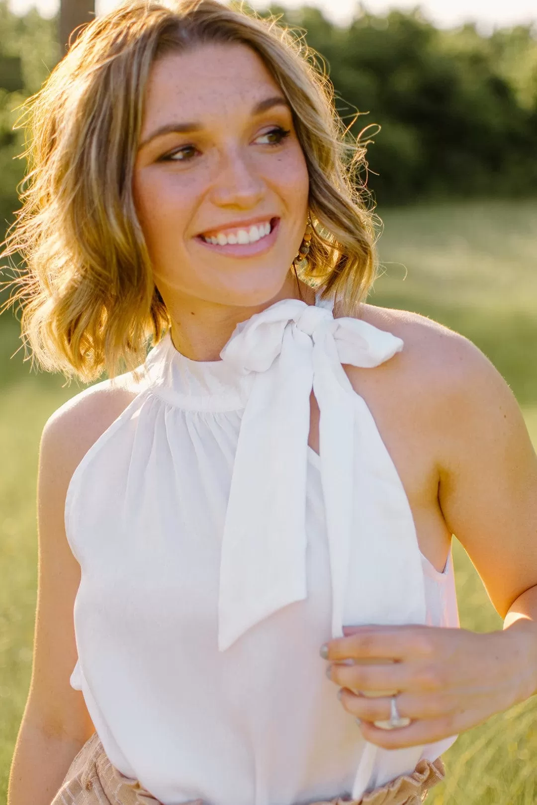 White High Neck Blouse With Bow