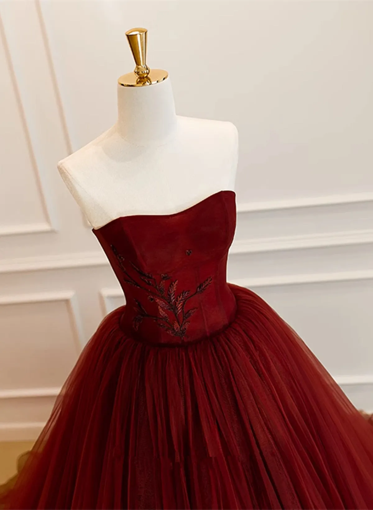 Wine Red Tulle Scoop Long Formal Dress, Wine Red Tulle Prom Dress Party Dress