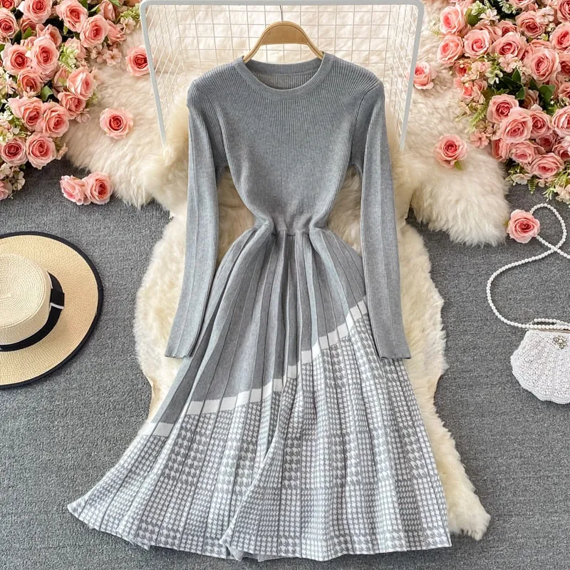 Winter Women Crew Neck Long Sleeve Knee Length Midi Dress Elegant Office Houndstooth Patchwork Knitted Pleated Dress