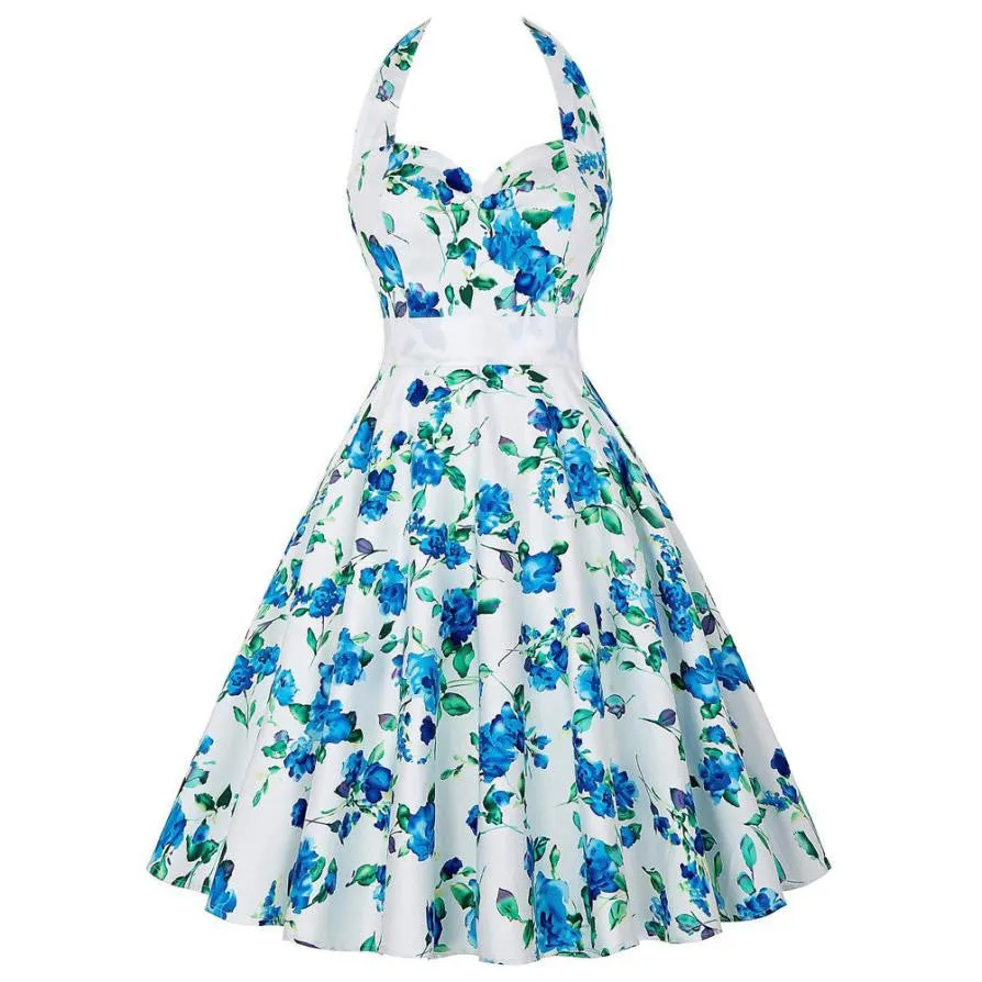 Woman Dress Summer Blue Flower Sleeveless A-Line Halter Floral Dress Ladies Summer Dress Vestidos De Festa Curto#B715 SM6