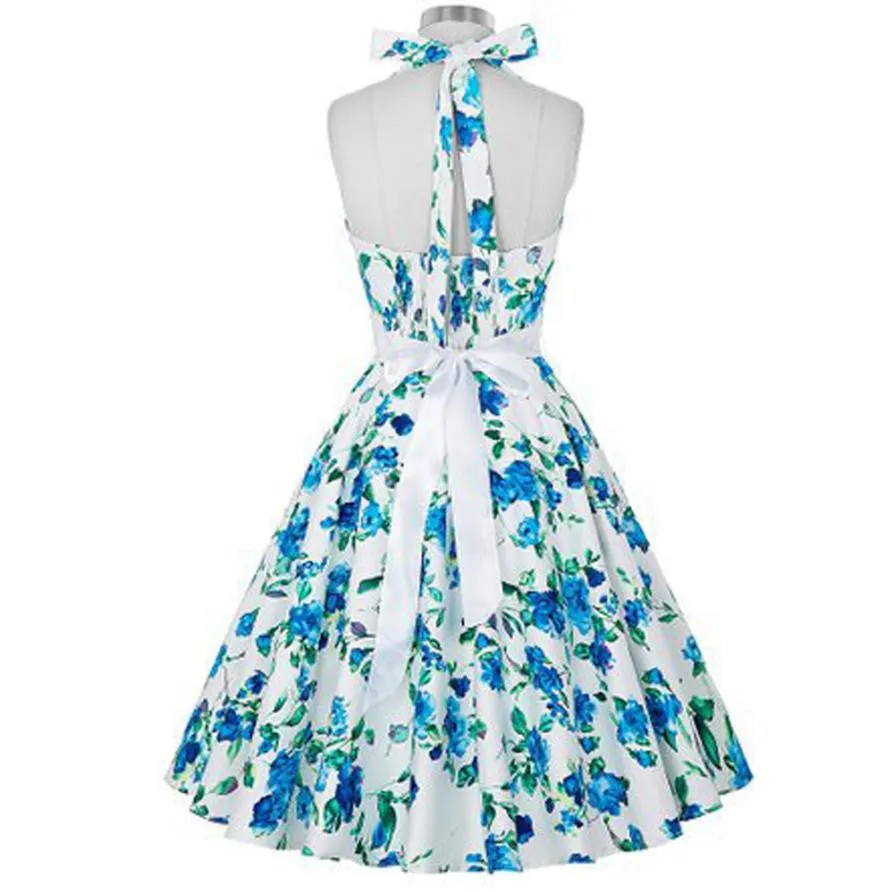 Woman Dress Summer Blue Flower Sleeveless A-Line Halter Floral Dress Ladies Summer Dress Vestidos De Festa Curto#B715 SM6