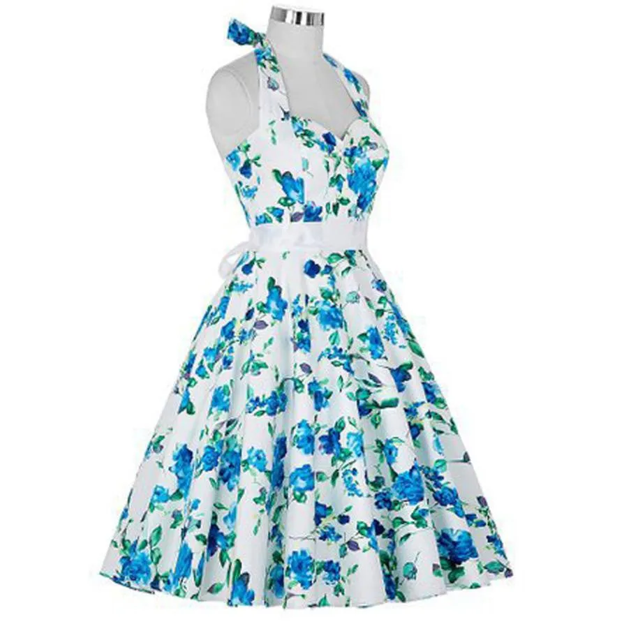 Woman Dress Summer Blue Flower Sleeveless A-Line Halter Floral Dress Ladies Summer Dress Vestidos De Festa Curto#B715 SM6