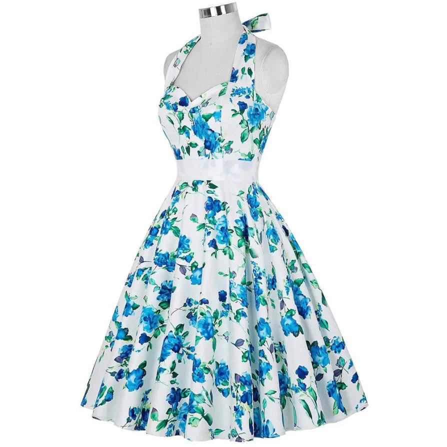 Woman Dress Summer Blue Flower Sleeveless A-Line Halter Floral Dress Ladies Summer Dress Vestidos De Festa Curto#B715 SM6