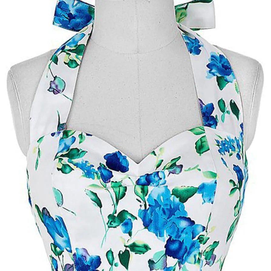 Woman Dress Summer Blue Flower Sleeveless A-Line Halter Floral Dress Ladies Summer Dress Vestidos De Festa Curto#B715 SM6