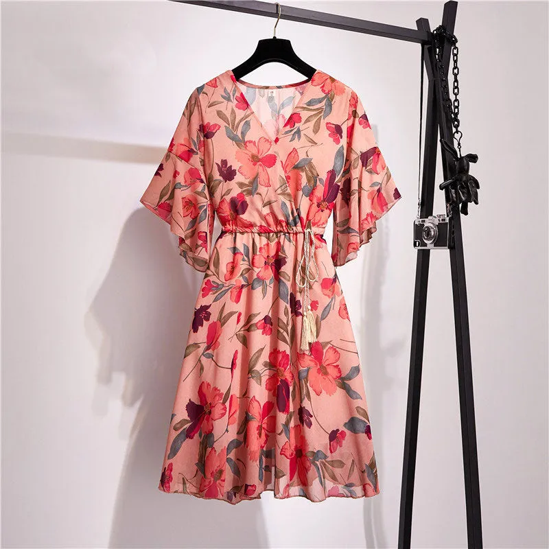 Women Knee Length V-Neck Print Sweet Ruffle Drawstring Dress