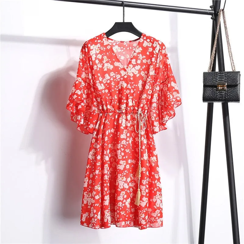 Women Knee Length V-Neck Print Sweet Ruffle Drawstring Dress