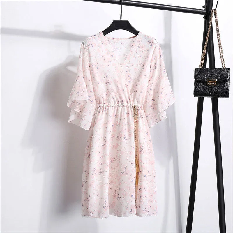 Women Knee Length V-Neck Print Sweet Ruffle Drawstring Dress