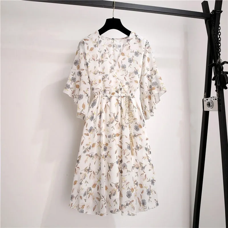 Women Knee Length V-Neck Print Sweet Ruffle Drawstring Dress