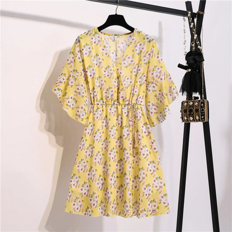 Women Knee Length V-Neck Print Sweet Ruffle Drawstring Dress