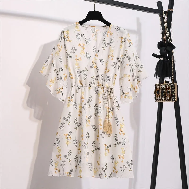 Women Knee Length V-Neck Print Sweet Ruffle Drawstring Dress